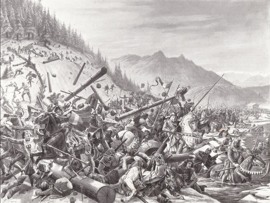 Idealised depiction of the Battle of Morgarten by the Basel history painter Karl Jauslin.
