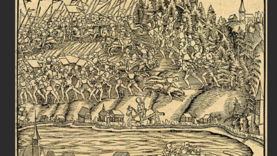 A woodcut scene of the battle from 1547 in Johannes Stumpf's "Gemeiner loblicher Eydgnoschaft Stetten," held in the Geneva Library, Archives A. & G. Zimmermann.