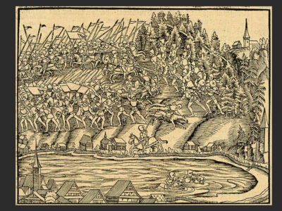 A woodcut scene of the battle from 1547 in Johannes Stumpf's "Gemeiner loblicher Eydgnoschaft Stetten," held in the Geneva Library, Archives A. & G. Zimmermann.