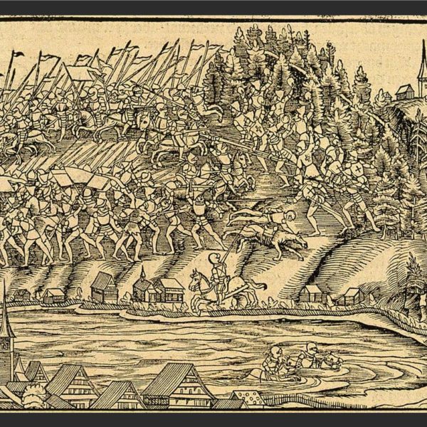 A woodcut scene of the battle from 1547 in Johannes Stumpf's "Gemeiner loblicher Eydgnoschaft Stetten," held in the Geneva Library, Archives A. & G. Zimmermann.